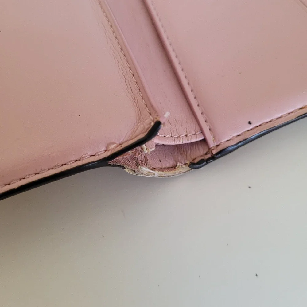 Coach Small Trifold Wallet Pink Khaki Signature Canvas Leather Trim